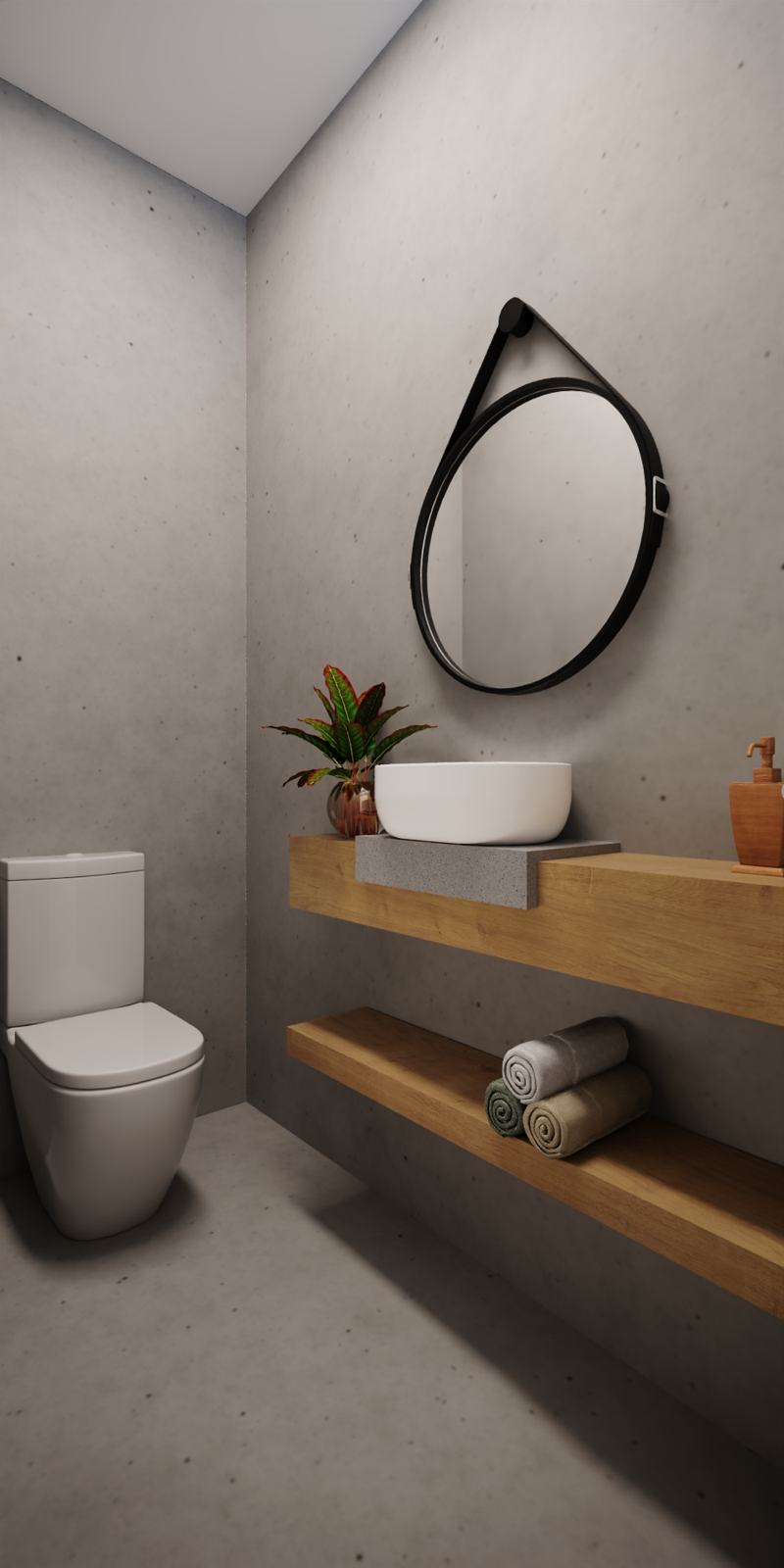 Render do lavabo do Hub Girl MOVE Academy com bancada em madeira e espelho redondo