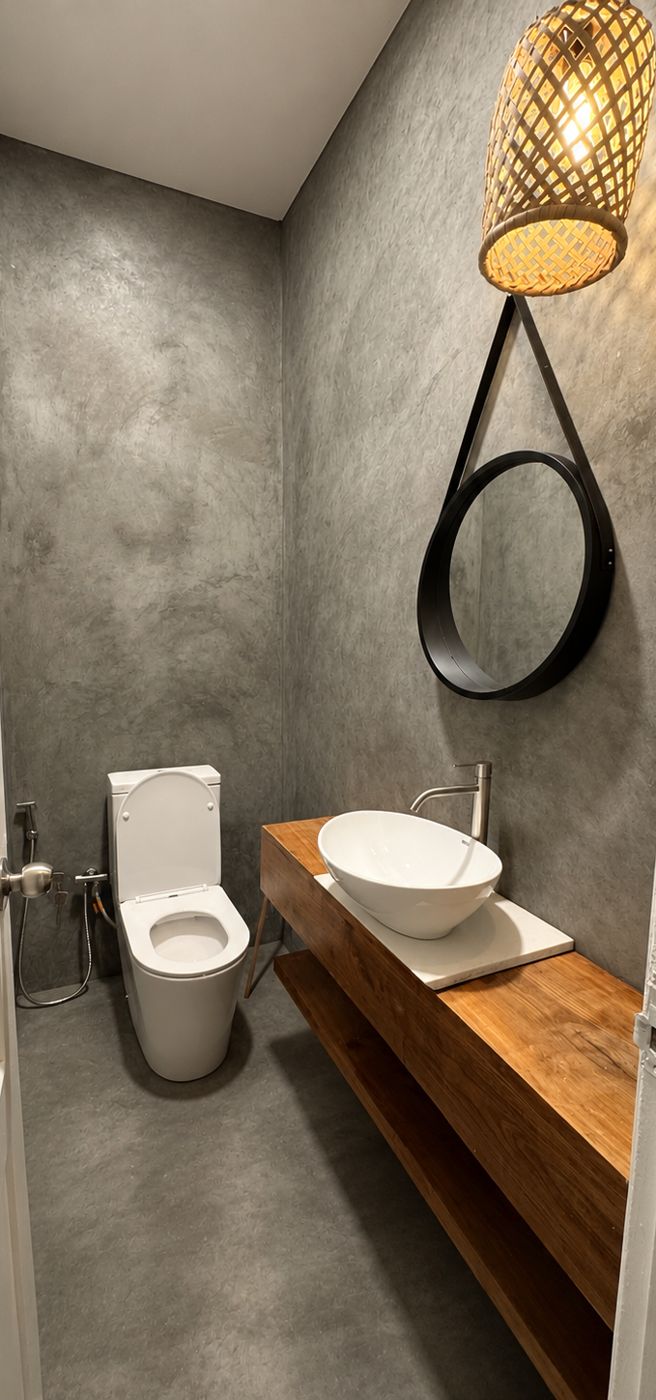 Lavabo do Hub Girl MOVE Academy concluído, com bancada em madeira, espelho redondo e luminária em palha