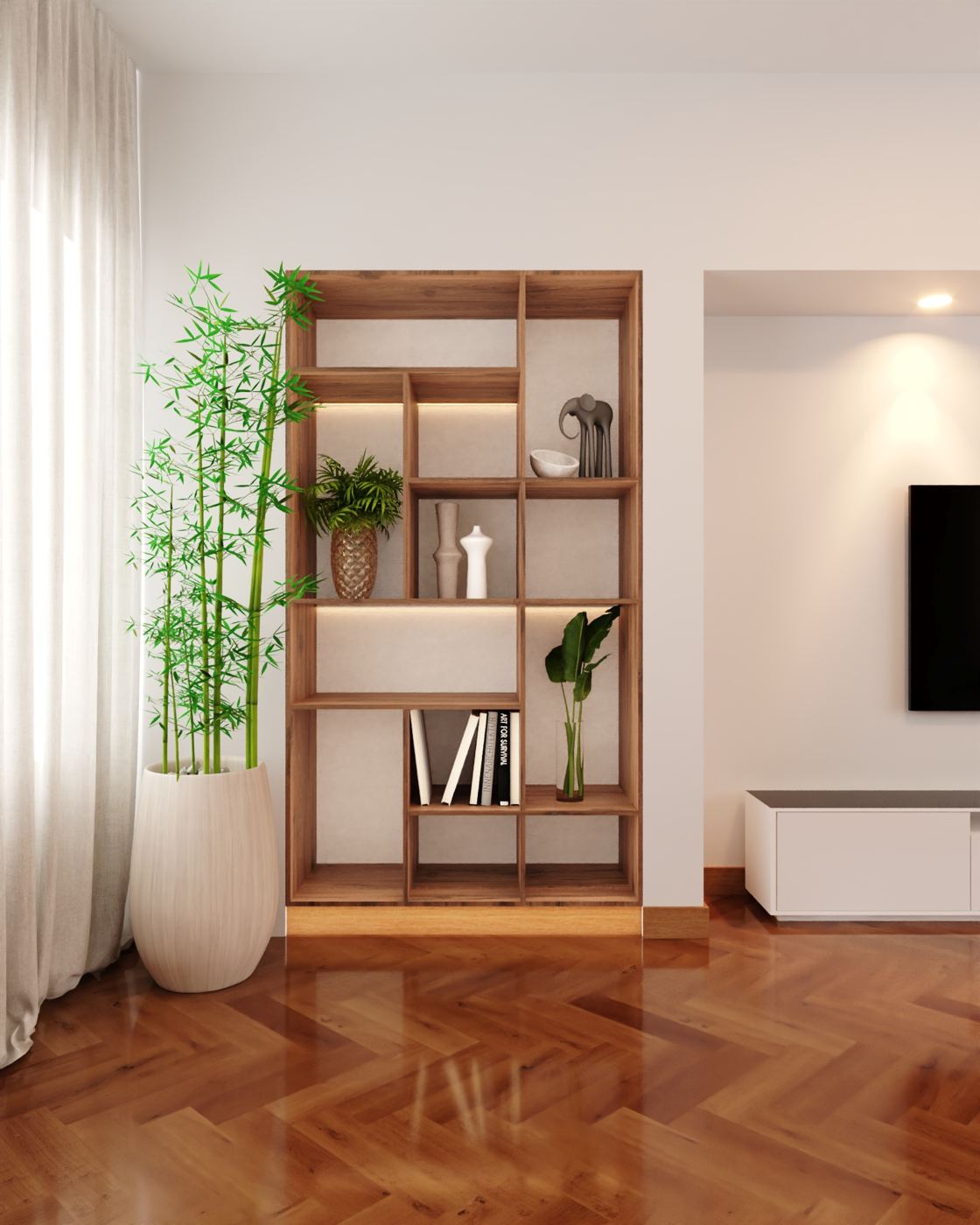 Render 3D de uma estante em madeira desenhada pela Akacia